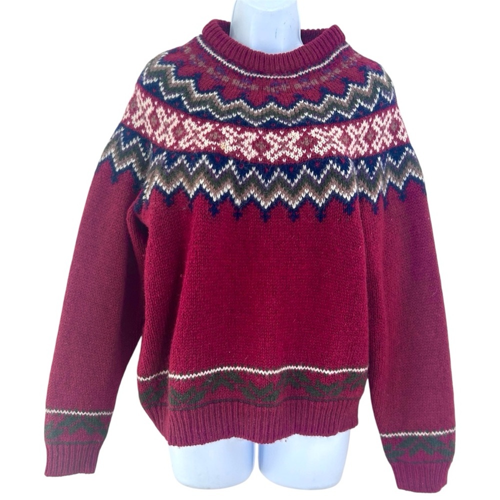 WOOLRICH Vintage Women’s Wool Mohair Red Fair Isle Knit Sweater Size L Fisherman